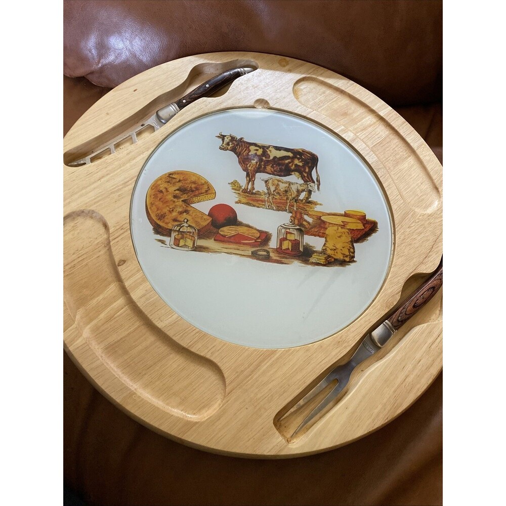 Vintage Cheese/Charcuterie Lazy Susan - Wood w/ Round Ceramic Insert- Boho 1970s